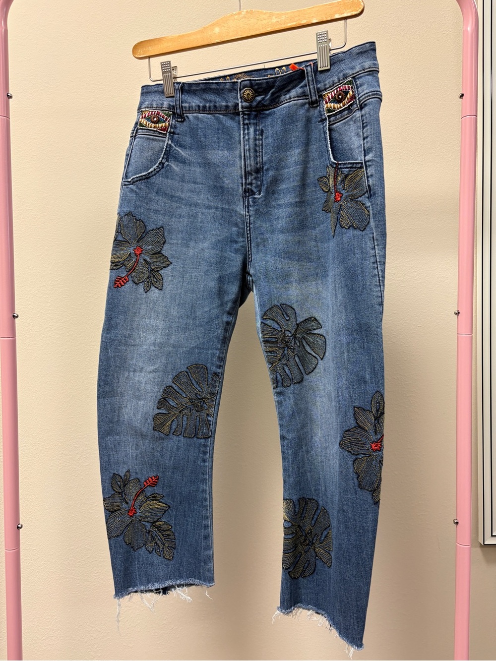 Desigual Blue Denim Cropped Jeans with Tropical Embroidery